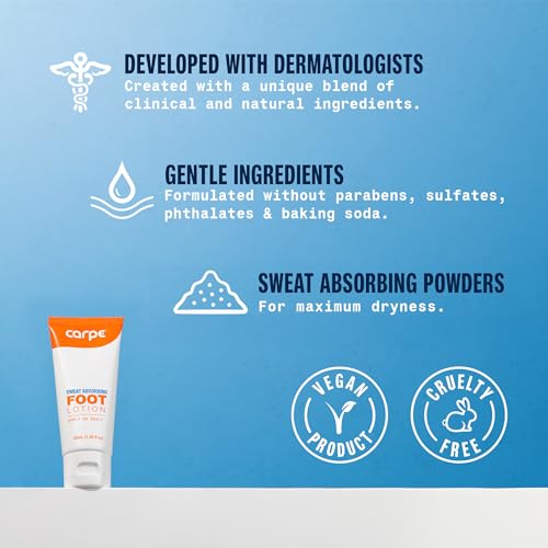Carpe Sweat Absorbing Foot Lotion WITH APPLICATOR, A dermatologist-recommended solution to stop sweaty, smelly feet, Helps prevent blisters, Great for hyperhidrosis. 1 Tube + Applicator