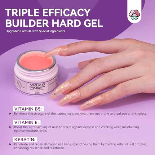 SAVILAND Builder Nail Gel Set with Nail Drill - 3 Pcs Hard Gels(VE&VB5&Kerain) Clear Pink Nudes Builder Nails Gel with Lamp Brush Nails Strengthener Gels for Extension Shaping DIY at Home Salon