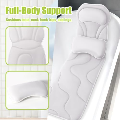 Full Body Bath Pillow for Tub - Extra Long & Thick Tub Pillow with Head, Back & Lumbar Support, 168 Non-Slip Suction Cups, Soft 5D Mesh Spa Cushion, Fits All Tubs-Gift for Soaking