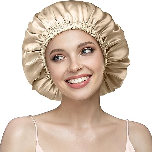 YFONG Double Layered 100% Silk Bonnet for Sleeping Women, 22 Momme Pure Mulberry Silk Sleep Cap with Adjustable Elastic Band Stay On Head，Reduce Frizz, Keep Hairstyle, Soft & Breathable, Champagne, M