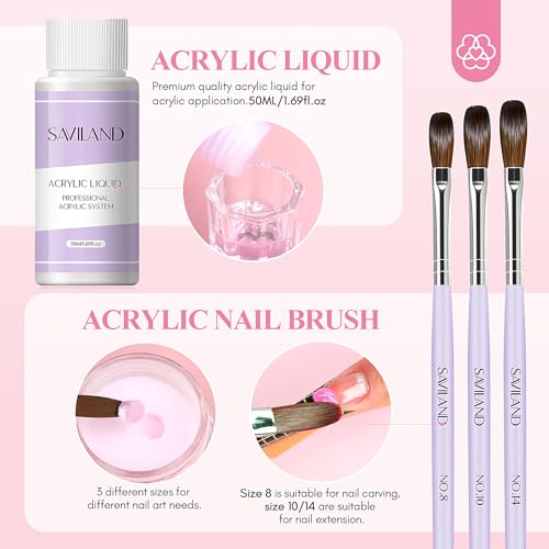 SAVILAND Essentials Acrylic Nail Kit Starter: Acrylic Nail Kit for Beginners with Everything White Pink Clear Acrylic Powder and Liquid Set #8/10/14 Nail Brush Forms Manicure Tools Home Nail Salon DIY