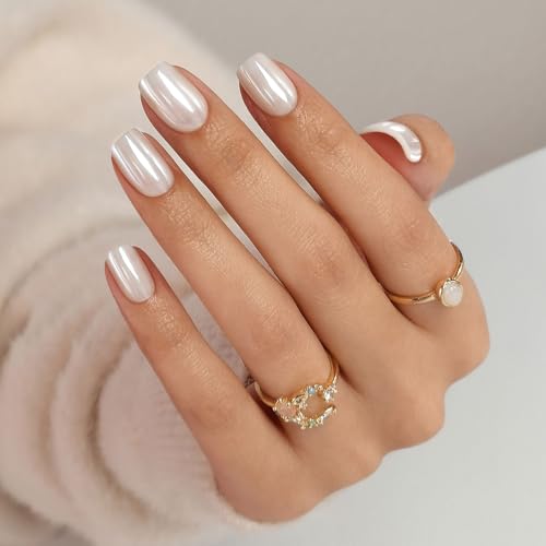 Pearl White Press on Nails Short - Soft Gel Chrome Press on Nails Square for Women Gift, Glossy Glue on Nails in 16 Sizes - 32 Reusable Fake Nails with Glue, Pearl White