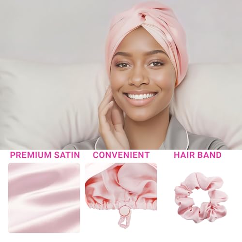 2Pcs Adjustable Silk Hair Bonnet For Sleeping, Sleep Cap With 2 Pcs Scrunchies, Silk Hair Wrap For Sleeping Women For Curly Hair, Natural Hair Care Night Caps (Pink)
