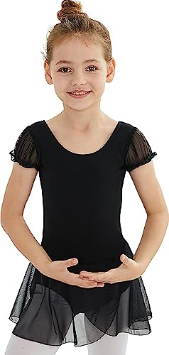 MdnMd Black Dance Ballet Leotard with Skirt for Girls Kids Ballerina Outfit Costume (Black, Age 6-8)