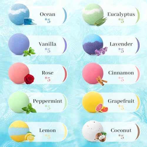 Bath Bombs Set 50 PCS with 10 Rich Scents, Bath Bombs for Women, Natural Bubble Bombs with Shea Butter & Safe Oil, Ideal for Christmas, Birthday, Valentine's Day Mother's Day Present