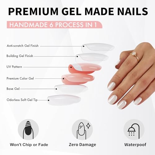 Pearl White Press on Nails Short - Soft Gel Chrome Press on Nails Square for Women Gift, Glossy Glue on Nails in 16 Sizes - 32 Reusable Fake Nails with Glue, Pearl White