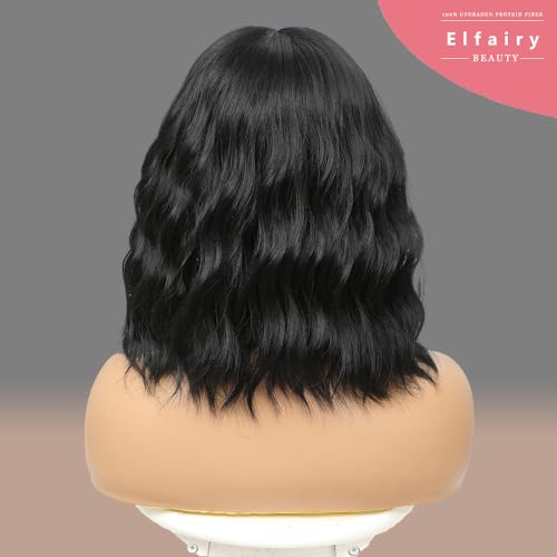 Black Wig with Bangs Wig for Women 12in Short Bob Wavy Curly Wig Natural Black Hair Wigs Heat Resistant Hair Replacement Wigs(12'' Natural Black 1B)