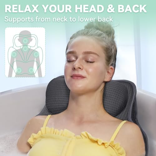 Bath Pillows for Tub - Luxury Bathtub Pillow Neck, Head, Back Support, Soft 4D Mesh Fabric and Non-Slip Suction Cups & Quick Dry, Comfort Fits All Tubs, Relaxation Spa Gift, Grey