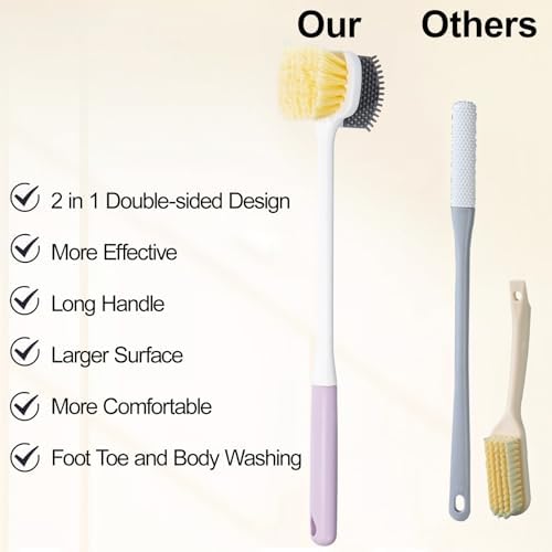 Foot Scrubber Toe Cleaning Brush, 3 Pack Shower Foot Scrubber with Long Handle, Double-Sided Silicone and Soft Bristle Brush for Skin Exfoliation, Seniors, Adults, Grey Purple Green