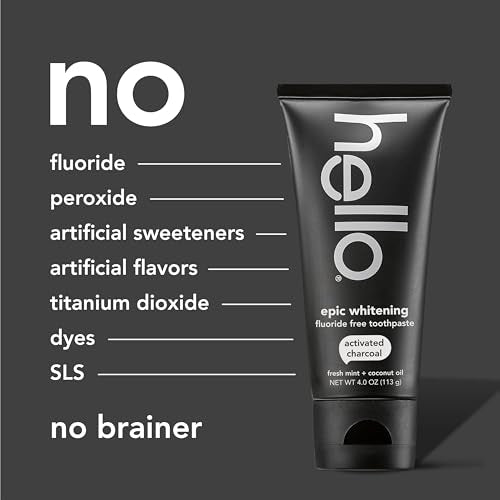 Hello Activated Charcoal Toothpaste, Fluoride Free with Activated Charcoal, Teeth Whitening Toothpaste with Fresh Mint and Coconut Oil, No SLS, Vegan, Gluten Free, 3 Pack, 4 OZ Tubes