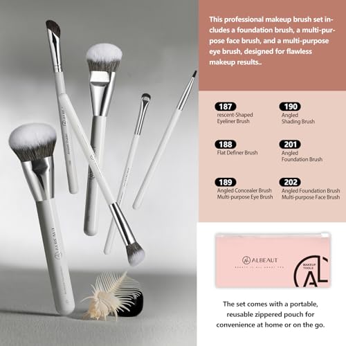 Face Makeup Brush Set 6PCS, Angled Cream Foundation Liquid Blush Brush Concealer Brush Under Eye, Nose Contour Eyeliner & Brow Brush