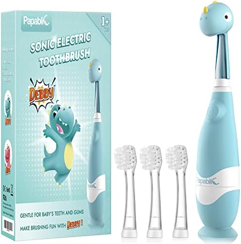 Papablic Toddler Sonic Electric Toothbrush Kids for Ages 1-3 Years, Baby Electric Toothbrush with Cute Dino Cover and Smart LED Timer, 4 Brush Heads (Debby)