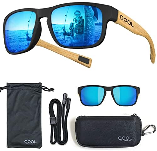 QOOL TIMES F11 Casual sport Wooden Bamboo Blue Sunglasses Temples for Men Women, Running Driving Golfing Cycling Hiking Fishing baseballand Outdoors