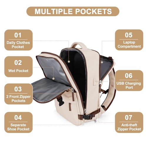 coofay Large Travel Backpack Carry on Flight Approved Mochila De Viaje Personal Item Travel Bag Backpacks for Men Women Carry on Backpack for Airplanes 18x14x8 Inches Travel Bag Beige with Brown