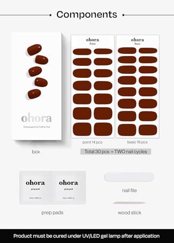 ohora Semi Cured Gel Nail Strips (N Chilly) - Red, Solid, Works with Any UV/LED Lamps, Salon-Quality, Long Lasting, Easy to Apply & Remove - Includes 2 Prep Pads, Nail File & Wooden Stick