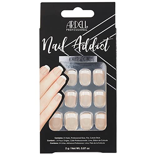 Ardell Nail Addict Press On Nails Artificial Nail Kit - Classic French Tips, Reusable Acrylic Fake Nails, 24 Nails
