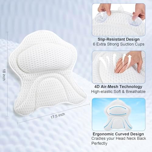 Bath Pillows for Tub Soft Bathtub Pillow for Neck and Back Support, Luxury Bath Pillow Washable with 4D Mesh & 6 Suction Cups, Relaxing Bathtub Pillow Headrest for Women Ideal for Soaking & Relaxation