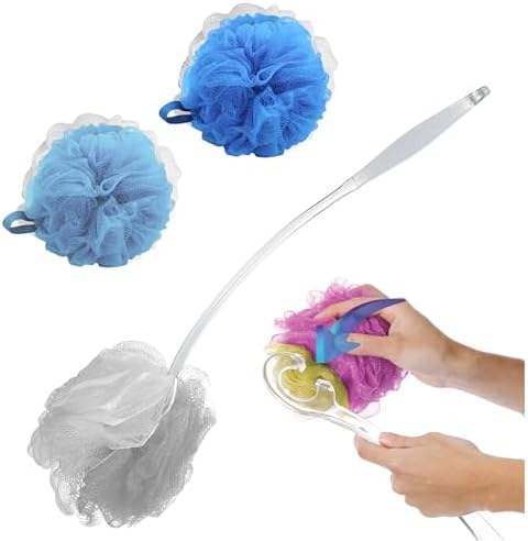 Aquasentials EZ Switch Pouf Bath Brush - Reusable Eco Handle (Handle with 3 Poufs)