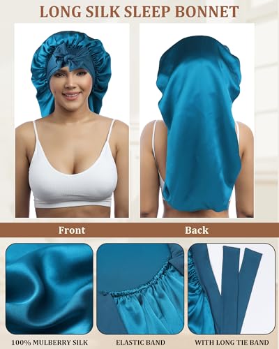 AWAYTR Long Silk Bonnet for Sleeping - 100% Mulberry Silk Bonnet for Women Long Hair Sleep Cap with Elastic Tie Band (Peacock Blue)