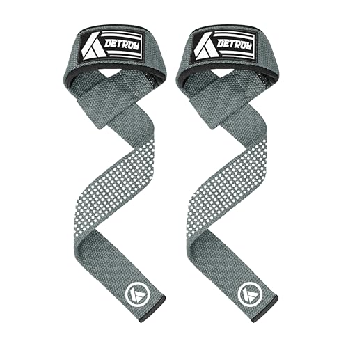 Detroy® Lifting Wrist Straps for Weightlifting, Deadlifts, Bodybuilding, Powerlifting, Gym Strength Training Workouts - Padded Neoprene with 24 inch Webbing Cotton with Silicone Grip for Men & Women (Grey & White)