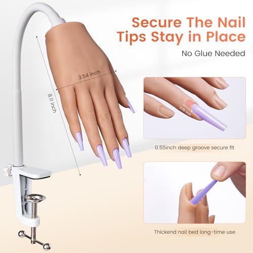 Practice Hand for Acrylic Nails: Realistic Silicone Nail Hand Practice with Tattoo Stickers - Flexible Fake Hand Mannequin Nail Hand Kit for Beginners