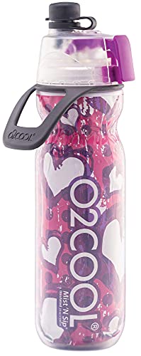 O2COOL Mist 'N Sip Misting Water Bottle 2-in-1 Mist And Sip Function With No Leak Pull Top Spout (Hearts)