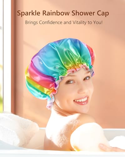 mikimini Sparkle Rainbow Shower Cap for Women Long Hair, Pack of 2,Double Layer Waterproof, X-Large, Reusable, Washable, No Smell, Fashion Bath Cap