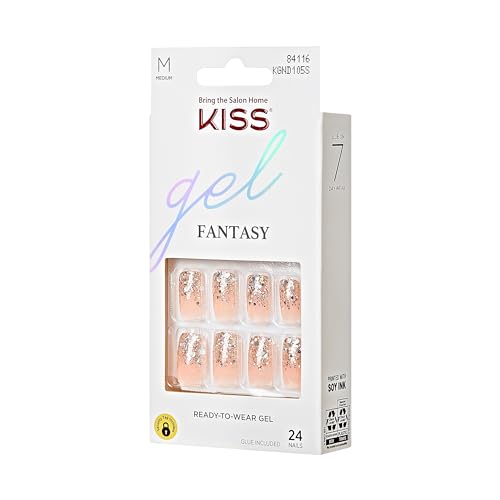 KISS Gel Fantasy Collection Ready-to-Wear Press-On Nails, ‘I Feel You’, Medium Length Square Gel Nails Kit with Pink Gel Nail Glue 0.07 Oz, Manicure Stick, Mini Nail File, and 24 Fake Nails