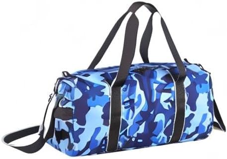 Kids Overnight Duffle Bag Girls Boys Sports Gym Bag with Shoe Compartment Wet Pocket Camouflage travel bag (Blue)