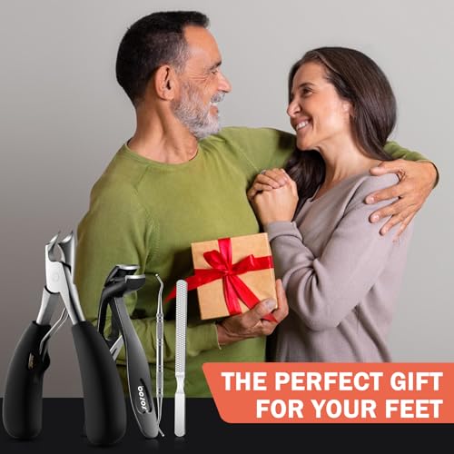 BEZOX Toenail Clipper Kit 4PCS Nail Care Set for Ingrown Toenails – Curved Head Toe Nail Clippers for Seniors for Thick Nails, Thick Fingernail Clippers, Long Nail File & Dual-Ended Lifter - Black