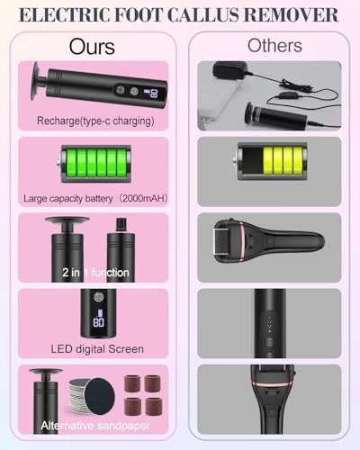 2 in 1 Electric Foot Callus Remover, 9 Speed Adjustable Foot Sander with LED Display, Electric Foot Grinder with 2000 mAh Rechargeable Battery, for Callus Removal, Replaceable Sandpaper Discs (Black)