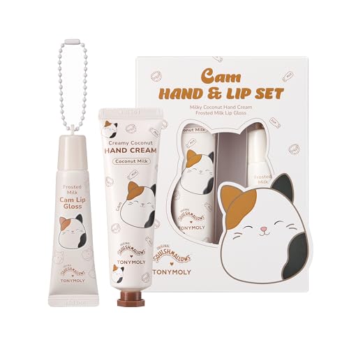 TONYMOLY x Squishmallows Cam the Cat 2PC Hand Cream & Lip Gloss Set, Coconut Milk Hand Cream, Frosted Milk Lip Gloss