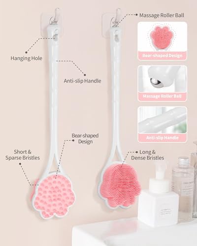 Manmihealth 15.7" Cute Silicone Back Scrubber & Soft Shower Brush Face Scrubber Set (3 PCS), Paw-Shaped Silicone Back Brush & Body Facial Scrubber with Super-Soft Bristles Combination(PinkSet)