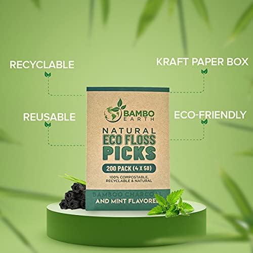 Natural Dental Floss Picks - Eco Friendly Cruelty Free & Vegan Tooth Flossers Pick Set with BPA Free Handle & Zero Waste Packaging - 200 Pack (Bamboo Charcoal Flavored)