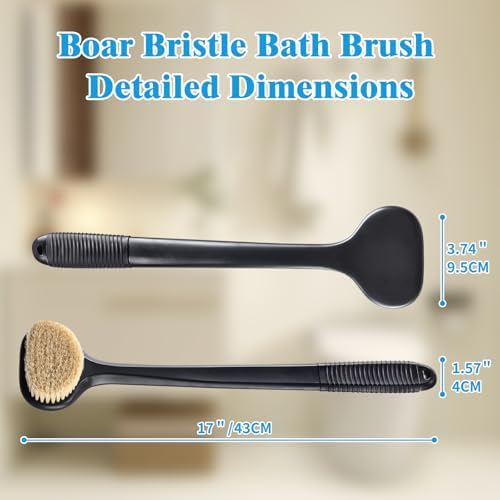 VANZAVANZU Dry Brushing Body Brush, 17-Inch Anti-Slip Handle Back Scrubber for Shower, Wet & Dry Brush with Natural Boar Bristles for Lymphatic Drainage, for Men & Women, Boar Bristles