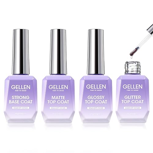 Gellen Gel Top and Base Coat, 4pcs 18ml No Wipe Matte Glossy Glitter Gel Top Coat, Clear UV Base Coat Gel Nail Polish, Soak Off Nail Lamp Gel Base Top Coat Long Lasting Home Gel Manicure