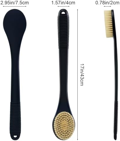 Back Scrubber for Shower, Shower Body Brush for Cleaning with Long Handle for Showering, 17 Inch Back Washer Exfoliator for Shower Men Women with Non-Slip Handle, Adhesive Hook (Black-Boar Bristles)