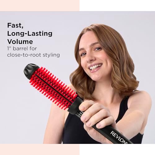 REVLON New and Improved SmoothStay Coconut Oil-Infused Heated Hair Styling Brush | 1” Barrel for Voluminous, Shiny Results (Black/Red)