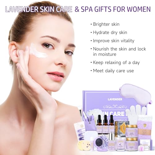 Facial Skin Care Set & Spa Kit, Lavender Spa Gifts for Women, Body & Facial Relaxation Kit, Mothers Day Gift Ideas, Self Care Gifts Birthday Christmas Gifts Includes Face Cream Oil Shower Accessories