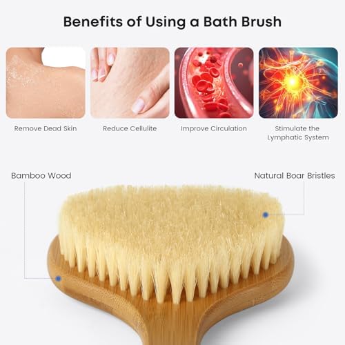 Bamboo Back Scrubber with Curved Long Handle, 17.3 Inches Exfoliating Shower Brush with Stiff Bristles for Men and Women, Back Washer Body Exfoliator for Bath or Dry Brushing