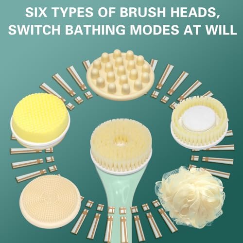 Electric Body Brush, Electric Shower Scrubber, Long Handle Body wash applicator, Silicone Back Brush, 6 Shower Brush Heads ，for Cleaning, Massage and Exfoliation (Light Green)