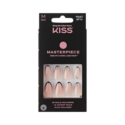 KISS Masterpiece French Tip Press On Nails, Black, Medium Almond, 12 Jeweled Accents, Glossy Finish Nail Kit Contains 30 Fake Nails, Pink Gel Nail Glue 2g (0.07 Oz.), Manicure Stick, & Mini Nail File