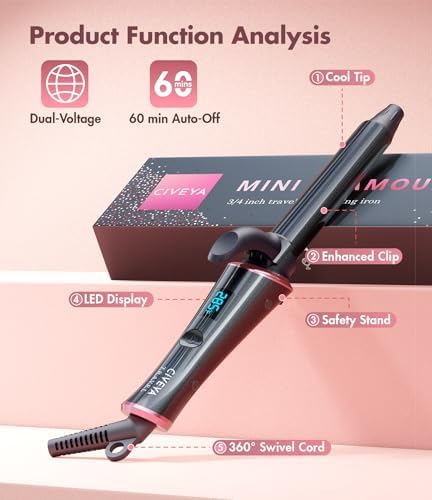 3/4 Inch Curling Iron for Short Hair, Dual Voltage Curling Iron Travel Size with 5 Adjustable Heat Settings, Mini Curling Iron Ceramic Barrel with Argan Oil Infused