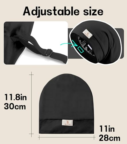 2pcs Silk Satin Bonnet Hair Wrap for Sleeping, Adjustable Strap Curly Natural Hair Night Caps for Women Men(Black&Black)
