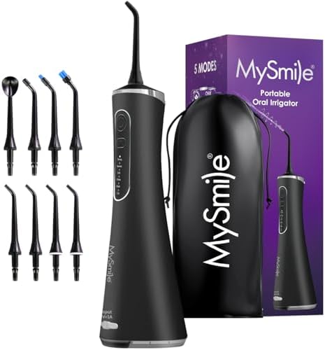 MySmile LP211 Cordless Water Flossers, Portable Rechargeable Oral Irrigator for Teeth Cleaning, 5 Cleaning Modes, IPX7 Waterproof, 8 Replacement Tips and a Storage Pouch (Midnight Black)