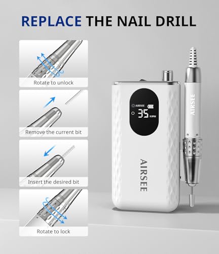 AIRSEE Updated Professional Nail Drill,Rechargeable Cordless Efile Machine for Acrylic Extension Gel Dip Powder Powerful Portable Efile 56 Sanding Bands 7 Bits,Low Noise Low Heat,G7 White