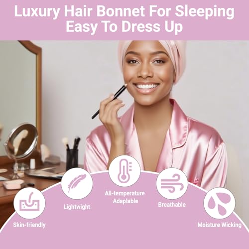 2Pcs Adjustable Silk Hair Bonnet For Sleeping, Sleep Cap With 2 Pcs Scrunchies, Silk Hair Wrap For Sleeping Women For Curly Hair, Natural Hair Care Night Caps (Pink)