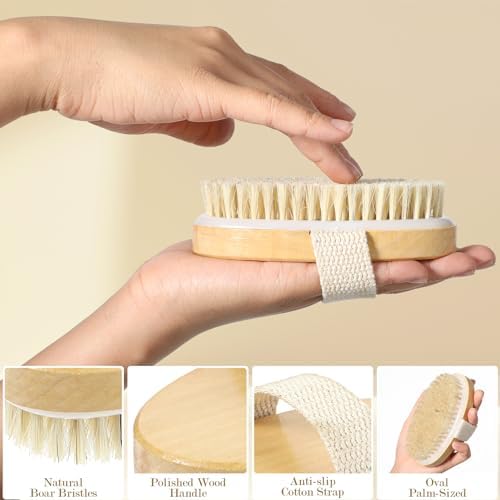 4pcs Dry Brushing Body Brush, Natural Bristle Dry Skin Exfoliating Brush Body Scrub for Flawless Skin, Cellulite Treatment, Lymphatic Drainage and Blood Circulation Improvement, White