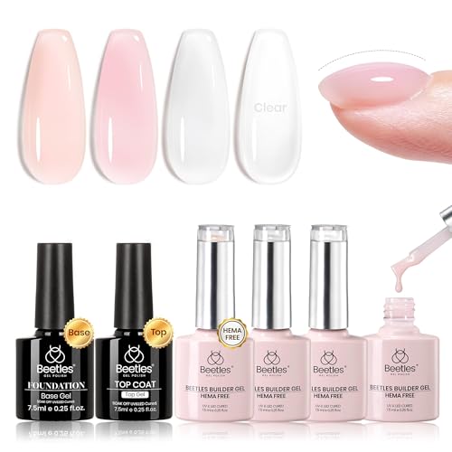 Beetles Hema Free Builder Nail Gel Set, 4 Color 7 in 1 Builder Nail Gel with Top and Base Coat for Thickening Nude Pink Jelly White Colors Transparent Extension Nails Beauty Gift Sets for Women