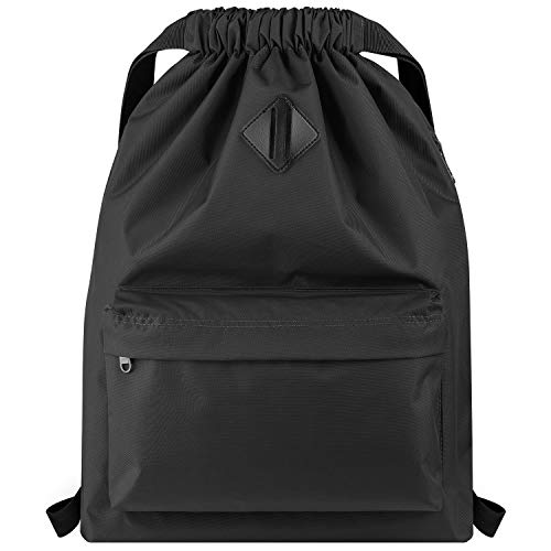 Vorspack Drawstring Backpack Water Resistant String Bag Cinch Bag Sports Gym Sack with Side Pocket for Men Women - Black